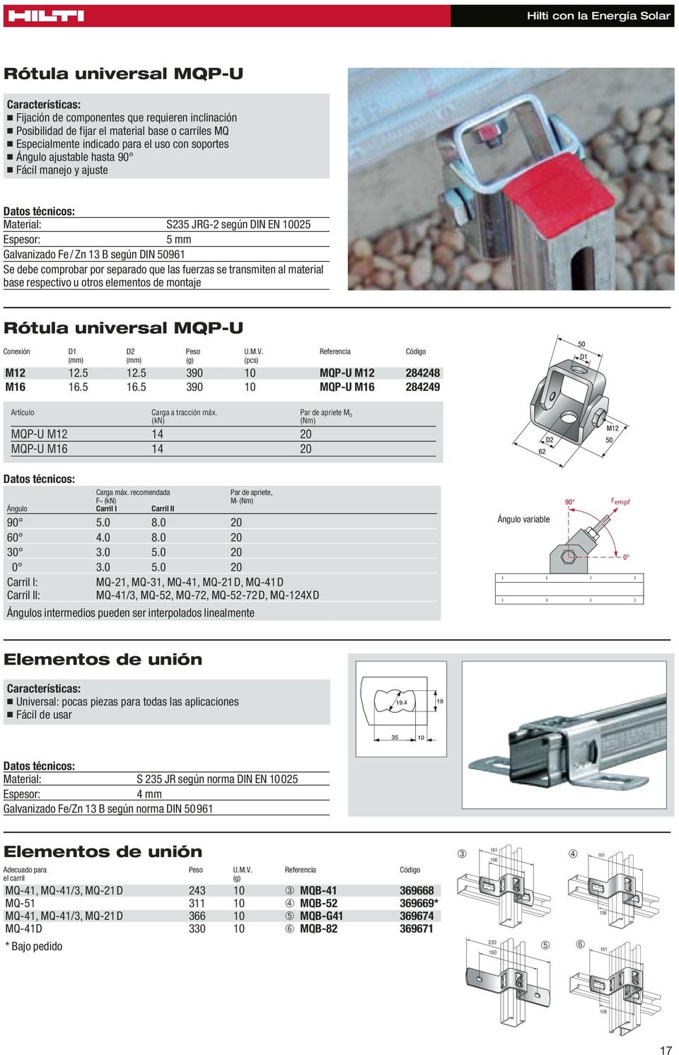 se transmiten al material base respectivo u otros elementos de montaje Rótula universal MQP-U Conexión D1 D2 Peso U.M.V. Referencia Código (mm) (mm) (g) (pcs) M12 12.5 12.