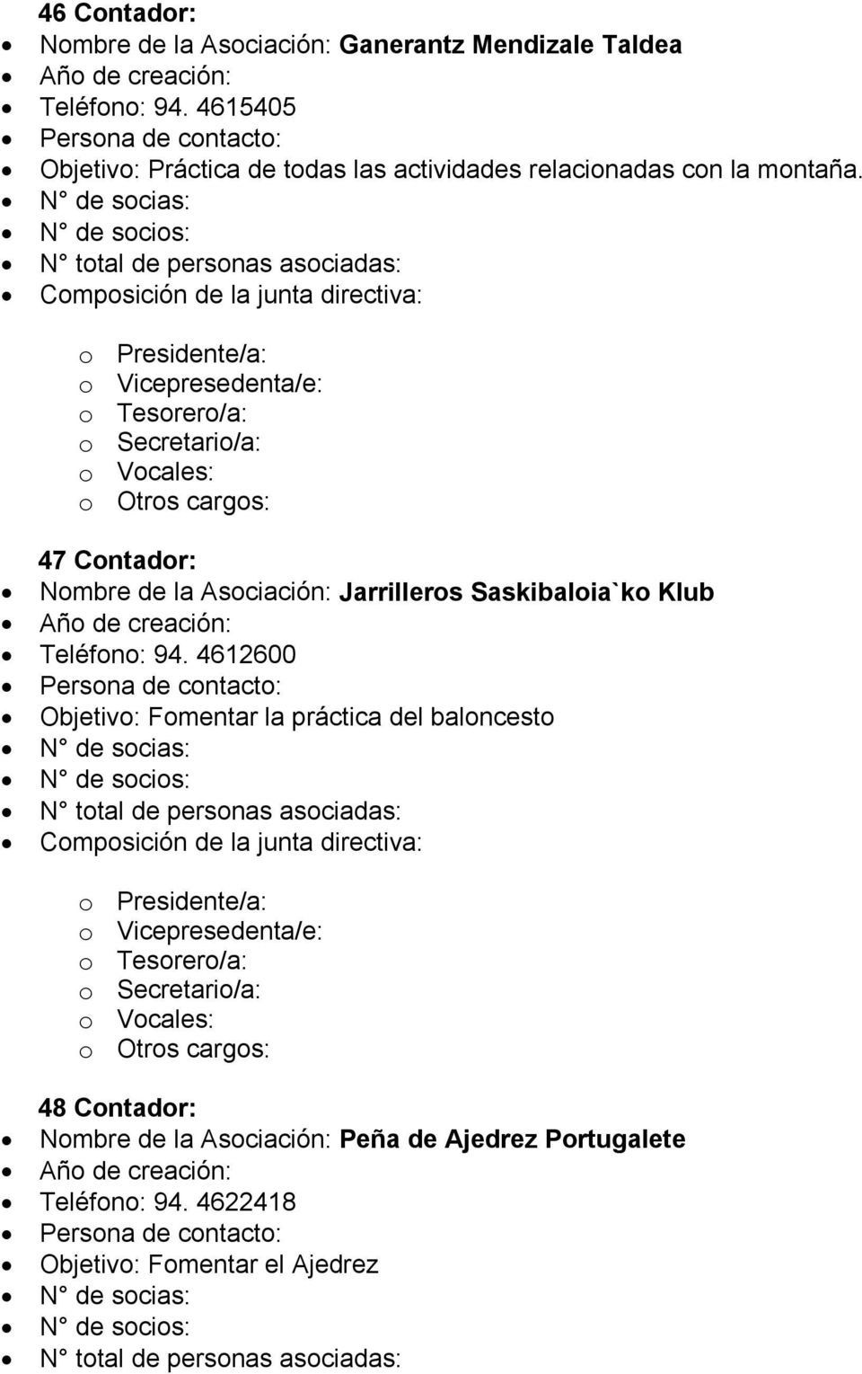 47 Contador: Nombre de la Asociación: Jarrilleros Saskibaloia`ko Klub Teléfono: 94.