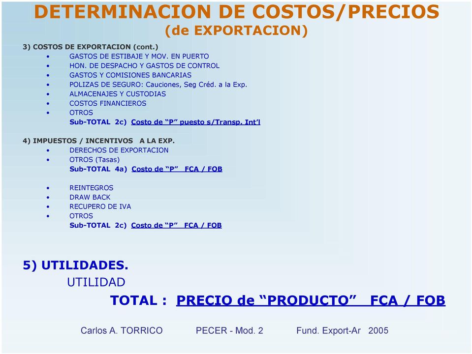 ALMACENAJES Y CUSTODIAS COSTOS FINANCIEROS OTROS Sub-TOTAL 2c) Costo de P puesto s/transp. Int l 4) IMPUESTOS / INCENTIVOS A LA EXP.