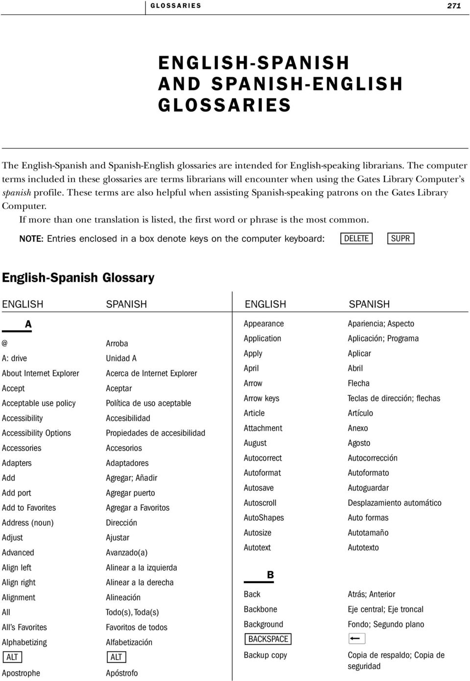 These terms are also helpful when assisting Spanish-speaking patrons on the Gates Library Computer. If more than one translation is listed, the first word or phrase is the most common.