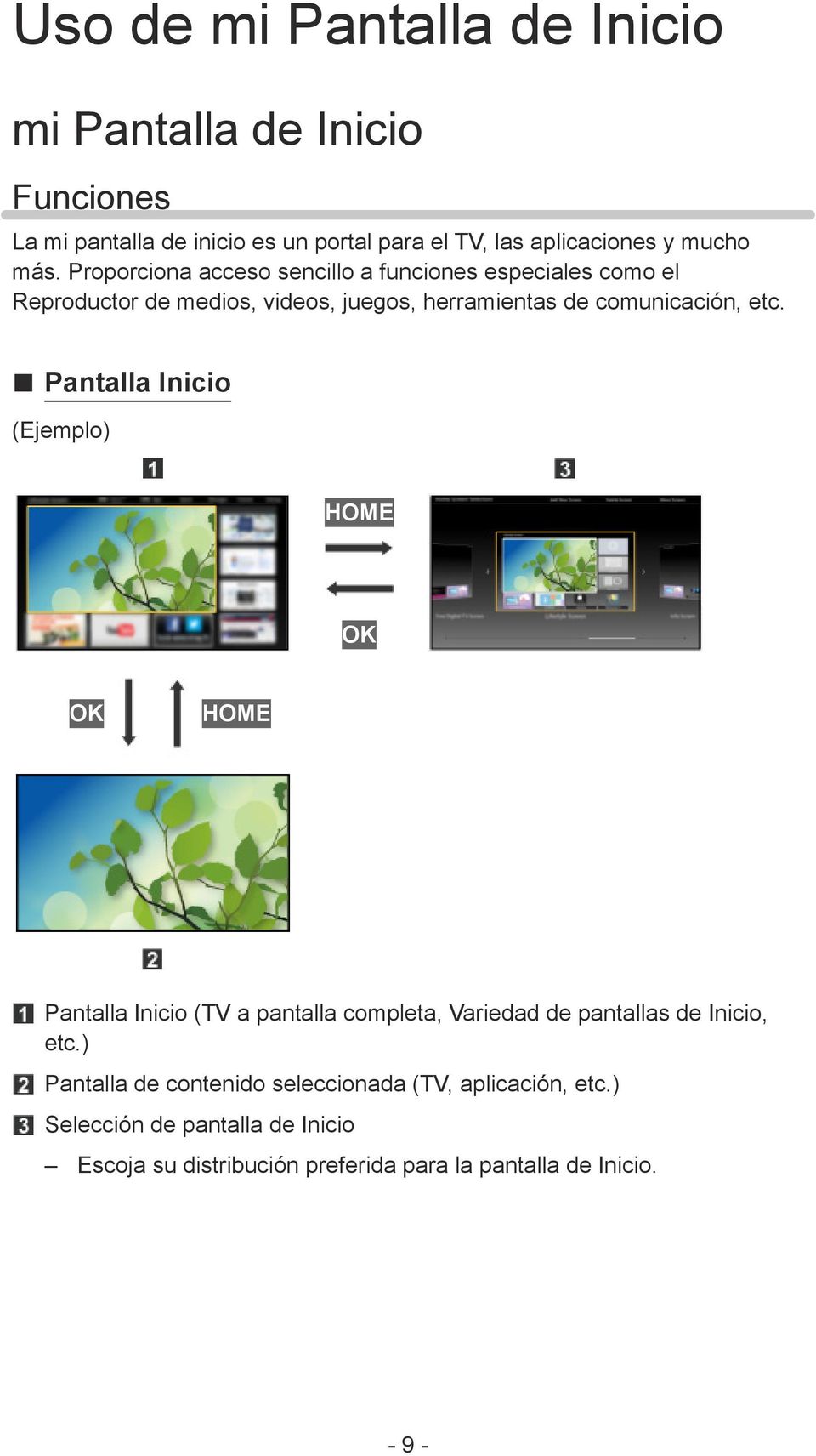 Pantalla Inicio (Ejemplo) HOME OK OK HOME Pantalla Inicio (TV a pantalla completa, Variedad de pantallas de Inicio, etc.
