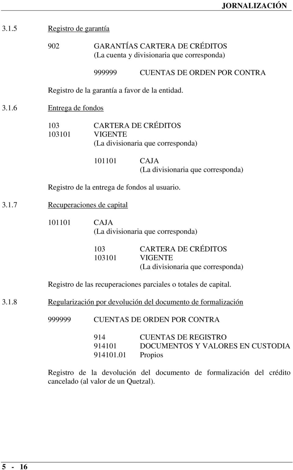 01 Propios Registro de la devolución del documento de formalización del crédito cancelado (al valor de un Quetzal). 5-16