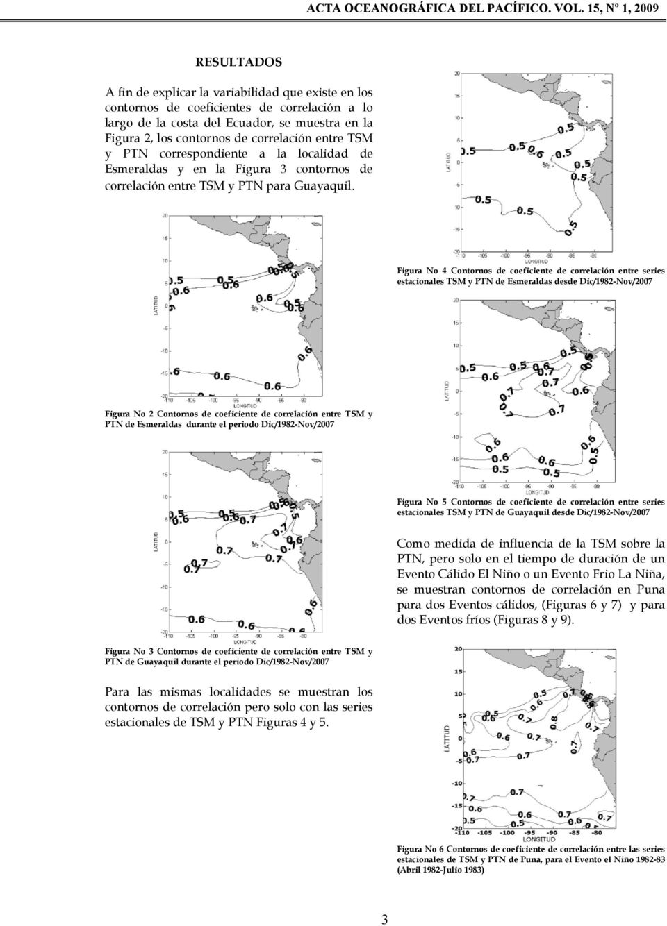 Figura No 4 Contornos de coeficiente de correlación entre series estacionales TSM y PTN de Esmeraldas desde Dic/1982-Nov/2007 Figura No 2 Contornos de coeficiente de correlación entre TSM y PTN de