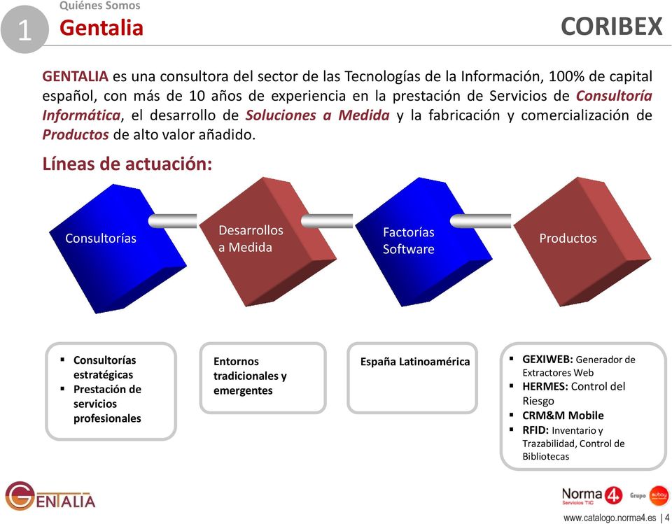 Líneas de actuación: Consultorías Desarrollos a Medida Factorías Software Productos Consultorías estratégicas Prestación de servicios profesionales Entornos tradicionales y