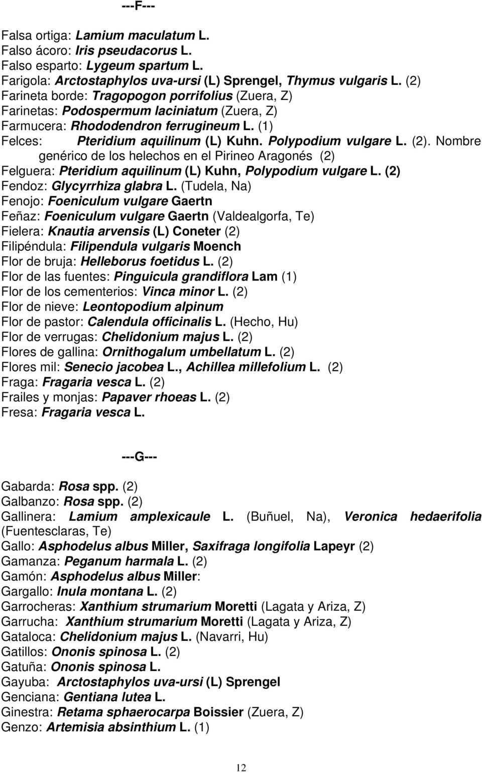 Polypodium vulgare L. (2). Nombre genérico de los helechos en el Pirineo Aragonés (2) Felguera: Pteridium aquilinum (L) Kuhn, Polypodium vulgare L. (2) Fendoz: Glycyrrhiza glabra L.