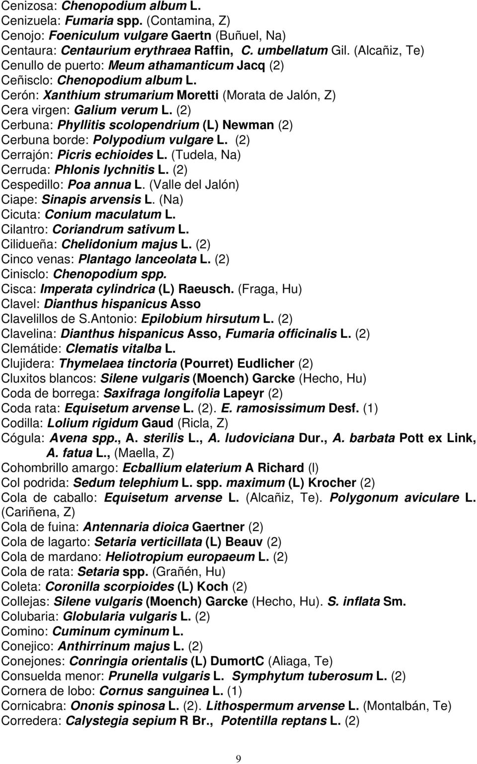 (2) Cerbuna: Phyllitis scolopendrium (L) Newman (2) Cerbuna borde: Polypodium vulgare L. (2) Cerrajón: Picris echioides L. (Tudela, Na) Cerruda: Phlonis lychnitis L. (2) Cespedillo: Poa annua L.
