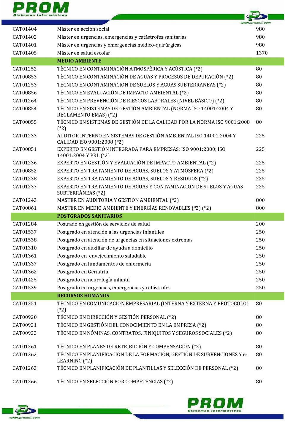 CONTAMINACION DE SUELOS Y AGUAS SUBTERRANEAS (*2) 80 CAT00856 TÉCNICO EN EVALUACIÓN DE IMPACTO AMBIENTAL (*2) 80 CAT01264 TÉCNICO EN PREVENCIÓN DE RIESGOS LABORALES (NIVEL BÁSICO) (*2) 80 CAT00854