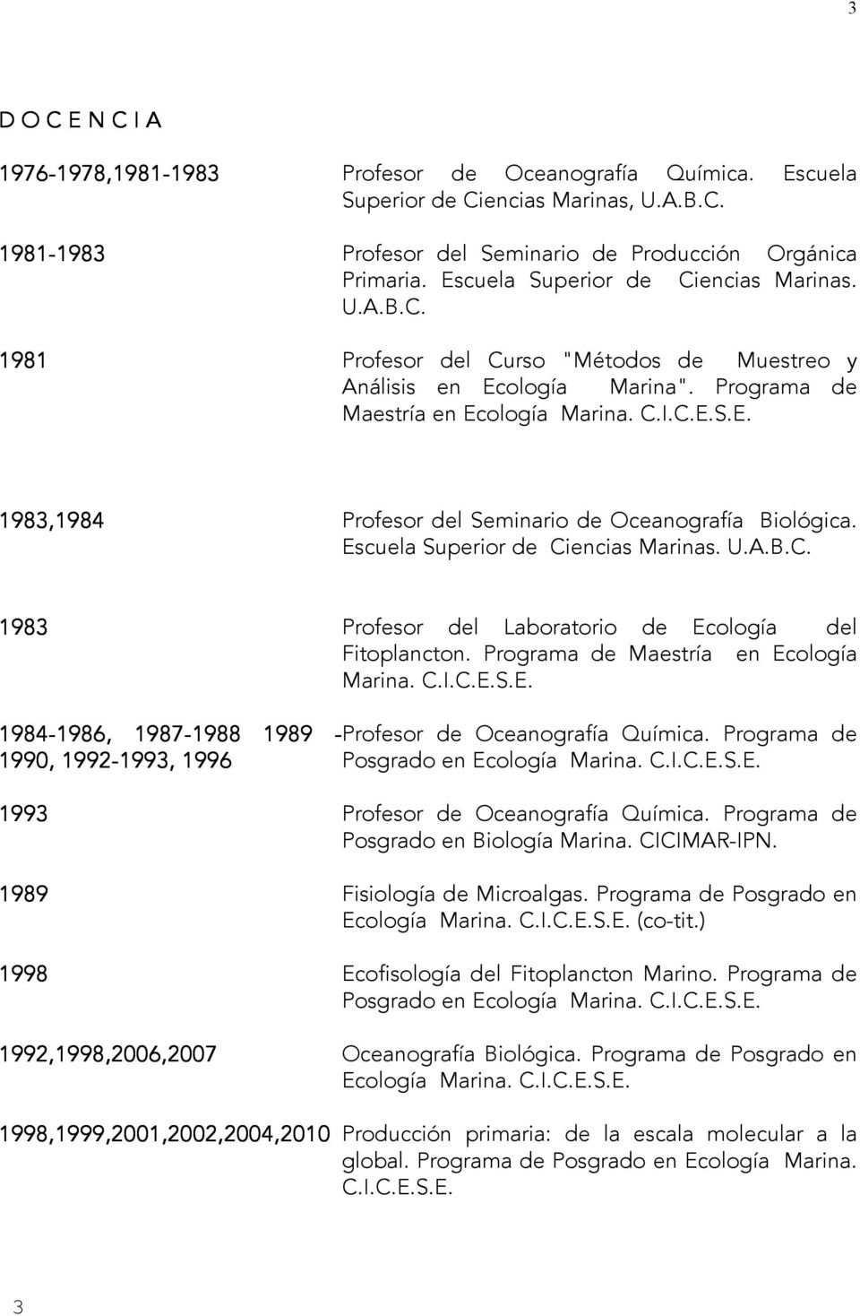 Escuela Superior de Ciencias Marinas. U.A.B.C. 1983 Profesor del Laboratorio de Ecología del Fitoplancton. Programa de Maestría en Ecología Marina. C.I.C.E.S.E. 1984-1986, 1986, 1987-1988 1988 1989 -Profesor de Oceanografía Química.