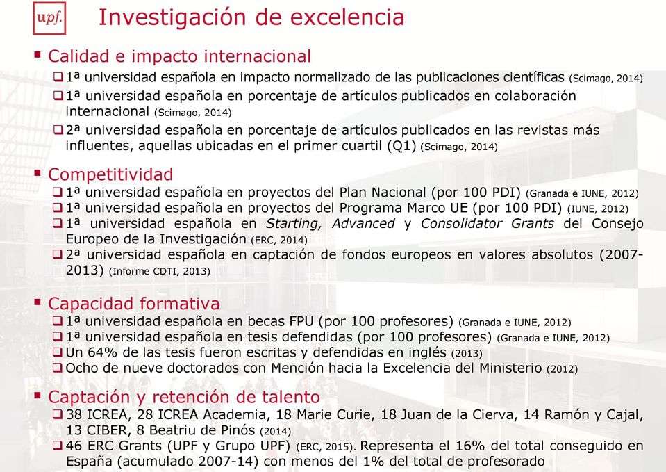 (Q1) (Scimago, 2014) Competitividad 1ª universidad española en proyectos del Plan Nacional (por 100 PDI) (Granada e IUNE, 2012) 1ª universidad española en proyectos del Programa Marco UE (por 100