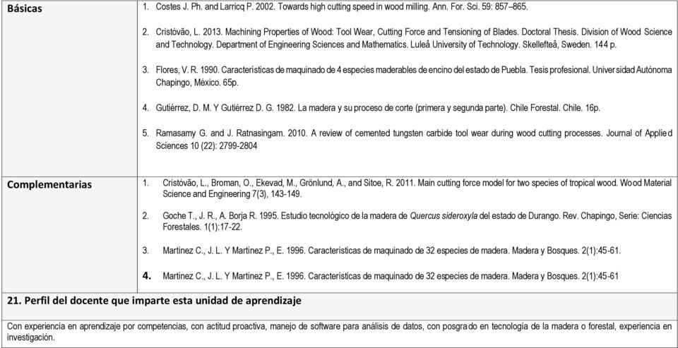 Luleå University of Technology. Skellefteå, Sweden. 144 p. 3. Flores, V. R. 1990. Características de maquinado de 4 especies maderables de encino del estado de Puebla. Tesis profesional.