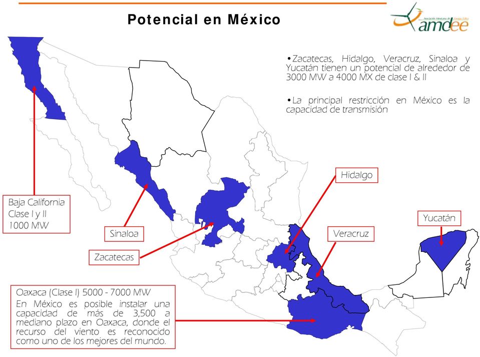 II 1000 MW Sinaloa Veracruz Yucatán Zacatecas Oaxaca (Clase I) 5000-7000 MW En México es posible instalar una capacidad