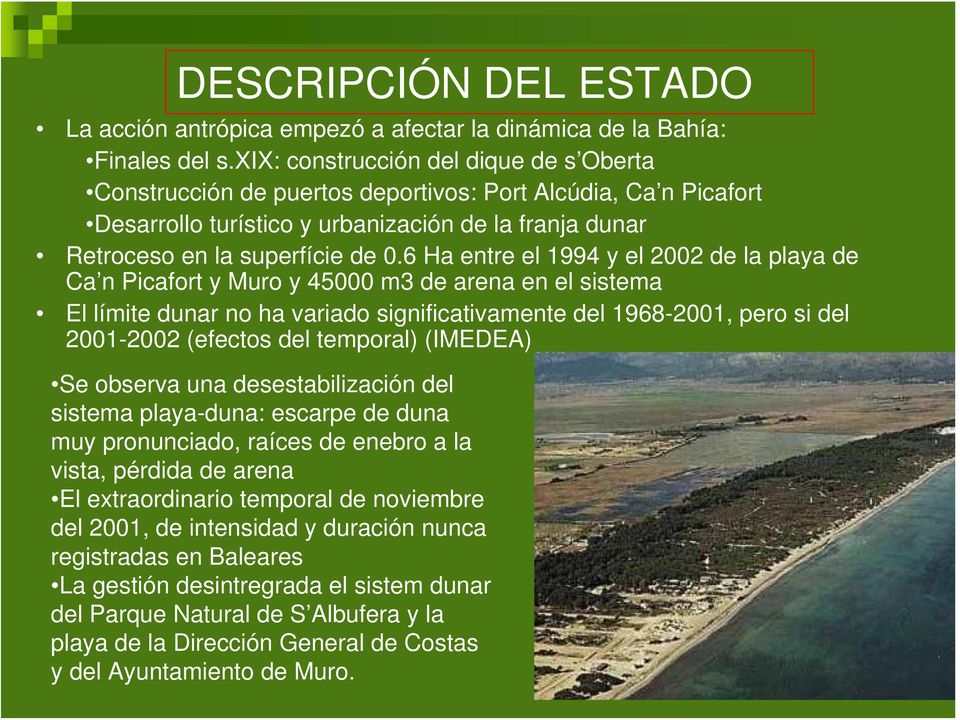 6 Ha entre el 1994 y el 2002 de la playa de Ca n Picafort y Muro y 45000 m3 de arena en el sistema El límite dunar no ha variado significativamente del 1968-2001, pero si del 2001-2002 (efectos del