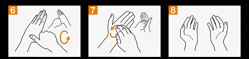 Frótese la palma de la mano derecha contra el dorso de la mano izquierda; entrelazando los dedos y viceversa Frótese las palmas de las manos entre sí, con los dedos entrelazados Frótese el dorso de