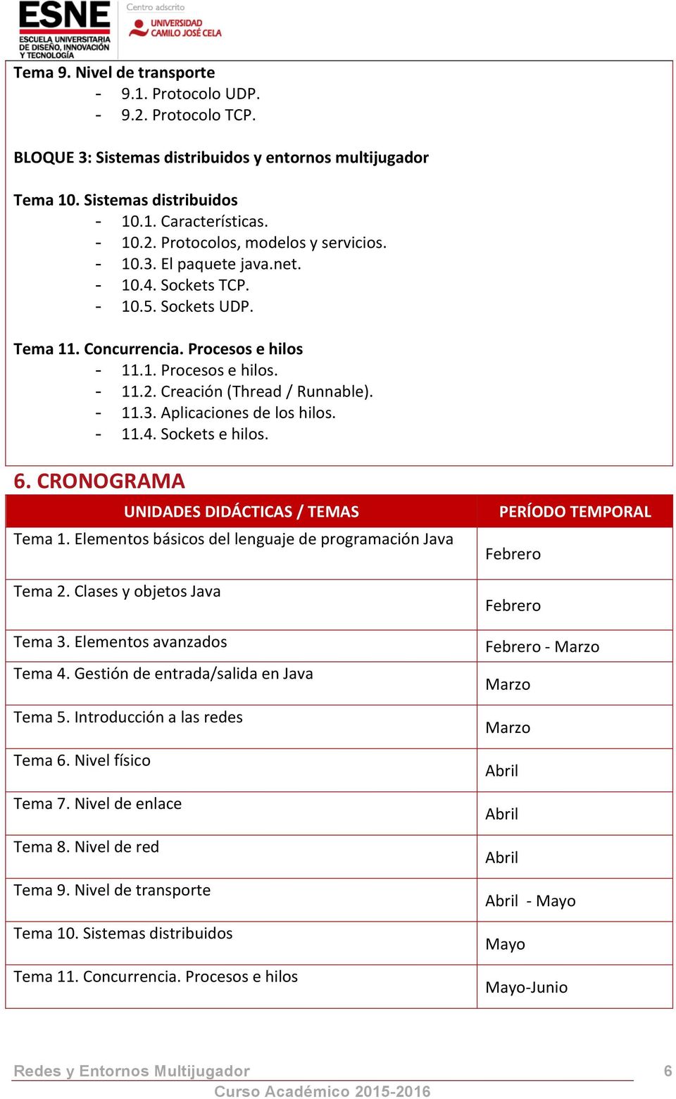- 11.4. Sockets e hilos. 6. CRONOGRAMA UNIDADES DIDÁCTICAS / TEMAS Tema 1. Elementos básicos del lenguaje de programación Java Tema 2. Clases y objetos Java Tema 3. Elementos avanzados Tema 4.