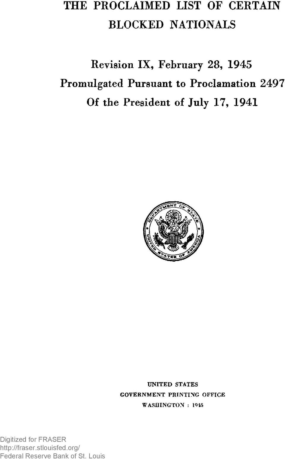 2497 Of the President of July 17, 1941 UNITED STATES g o v