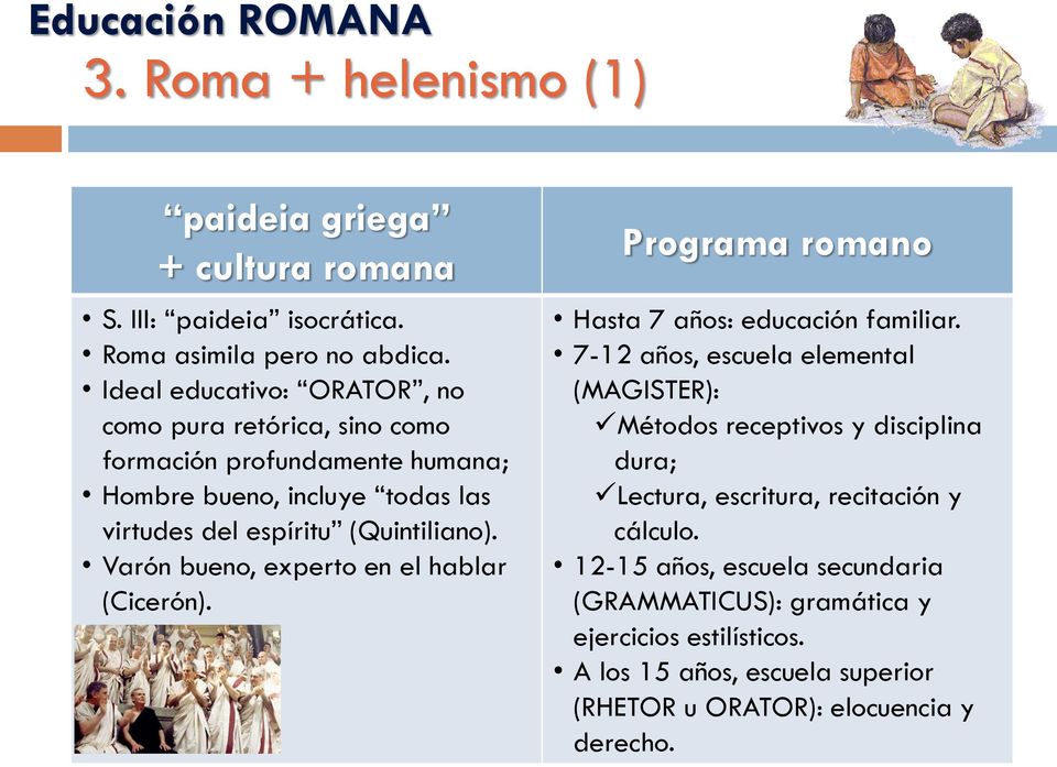 Varón bueno, experto en el hablar (Cicerón). Programa romano Hasta 7 años: educación familiar.