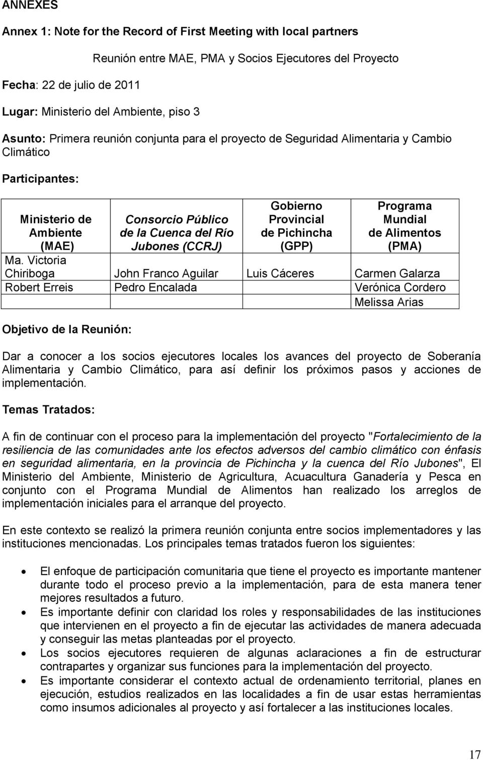 Gobierno Provincial de Pichincha (GPP) Programa Mundial de Alimentos (PMA) Ma.