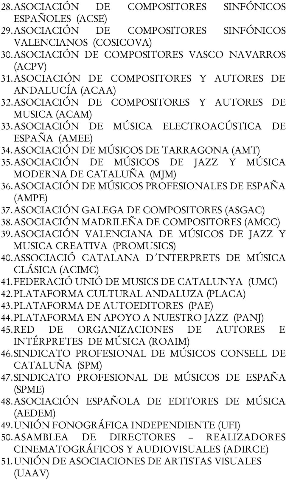 ASOCIACIÓN DE MÚSICOS DE TARRAGONA (AMT) 35. ASOCIACIÓN DE MÚSICOS DE JAZZ Y MÚSICA MODERNA DE CATALUÑA (MJM) 36. ASOCIACIÓN DE MÚSICOS PROFESIONALES DE ESPAÑA (AMPE) 37.