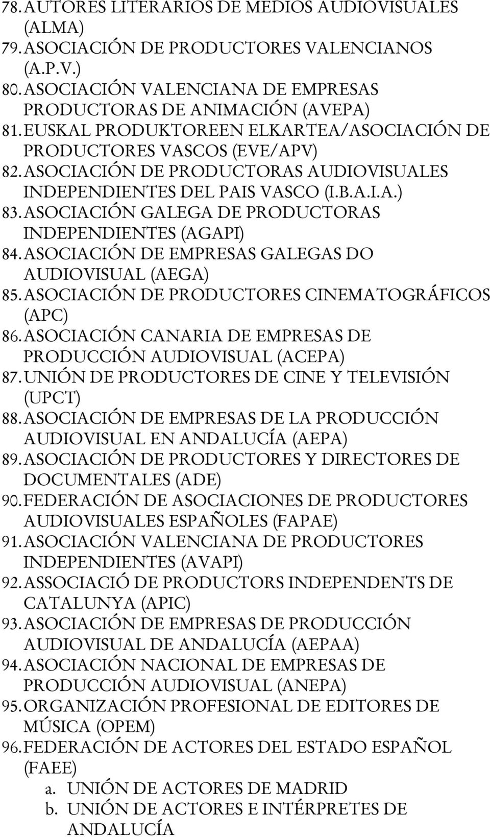 ASOCIACIÓN GALEGA DE PRODUCTORAS INDEPENDIENTES (AGAPI) 84. ASOCIACIÓN DE EMPRESAS GALEGAS DO AUDIOVISUAL (AEGA) 85. ASOCIACIÓN DE PRODUCTORES CINEMATOGRÁFICOS (APC) 86.