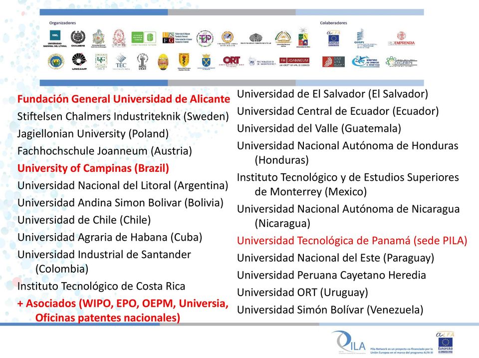 Tecnológico de Costa Rica + Asociados (WIPO, EPO, OEPM, Universia, Oficinas patentes nacionales) Universidad de El Salvador (El Salvador) Universidad Central de Ecuador (Ecuador) Universidad del