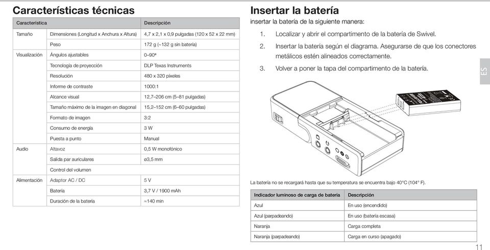Localizar y abrir el compartimento de la batería de Swivel. Insertar la batería según el diagrama. Asegurarse de que los conectores metálicos estén alineados correctamente. 3.