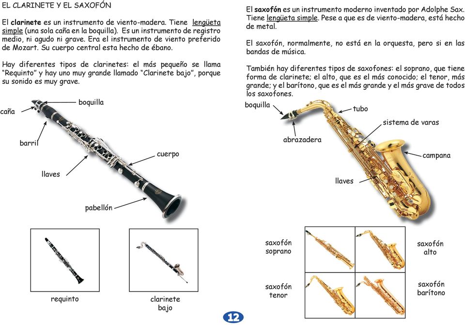 Hay diferentes tipos de clarinetes: el más pequeño se llama Requinto y hay uno muy grande llamado Clarinete bajo, porque su sonido es muy grave.