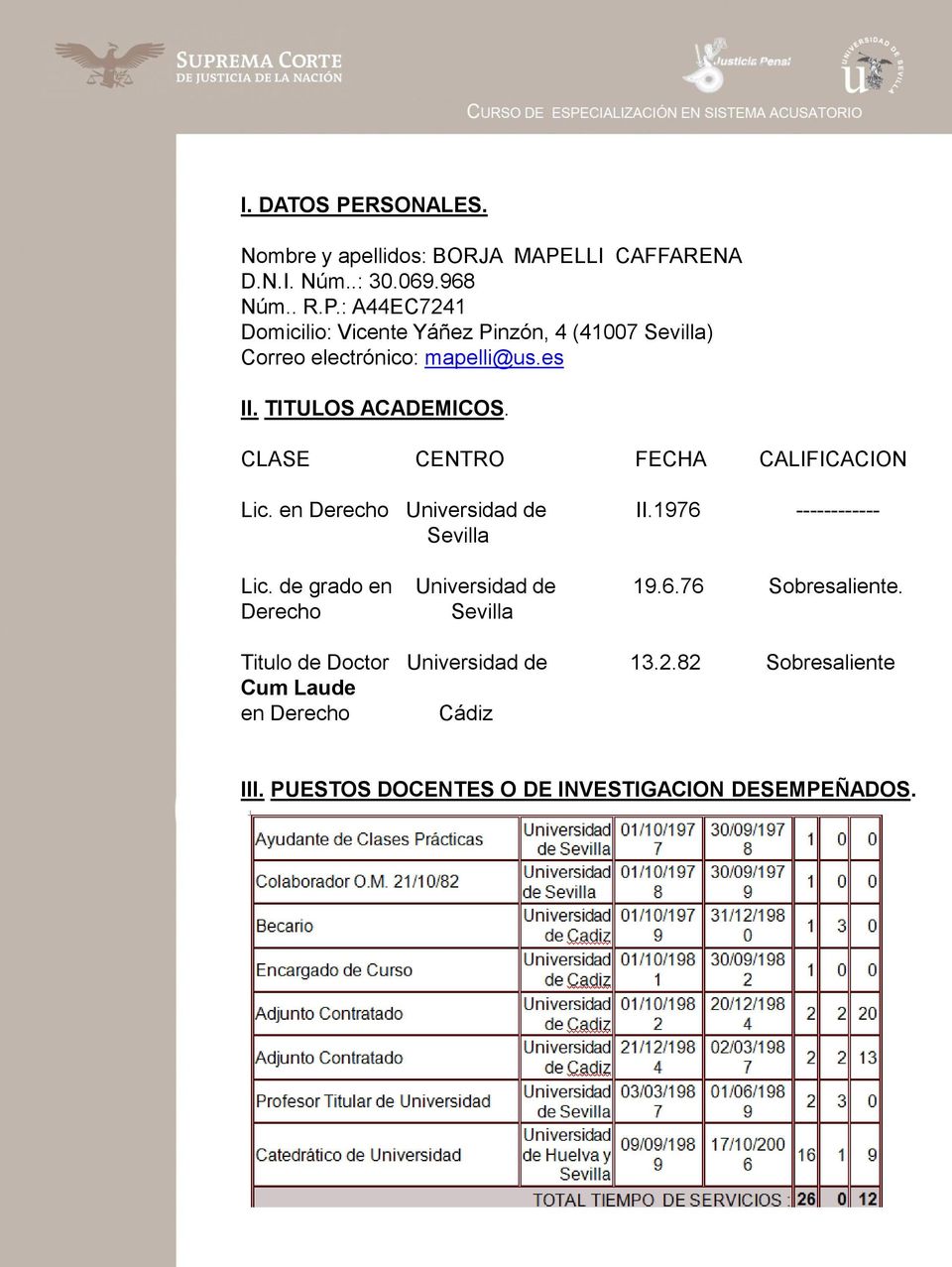 de grado en Universidad de 19.6.76 Sobresaliente. Derecho Sevilla Titulo de Doctor Universidad de 13.2.