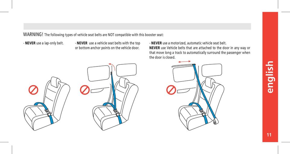 belt. - NEVER use a vehicle seat belts with the top or bottom anchor points on the vehicle door.