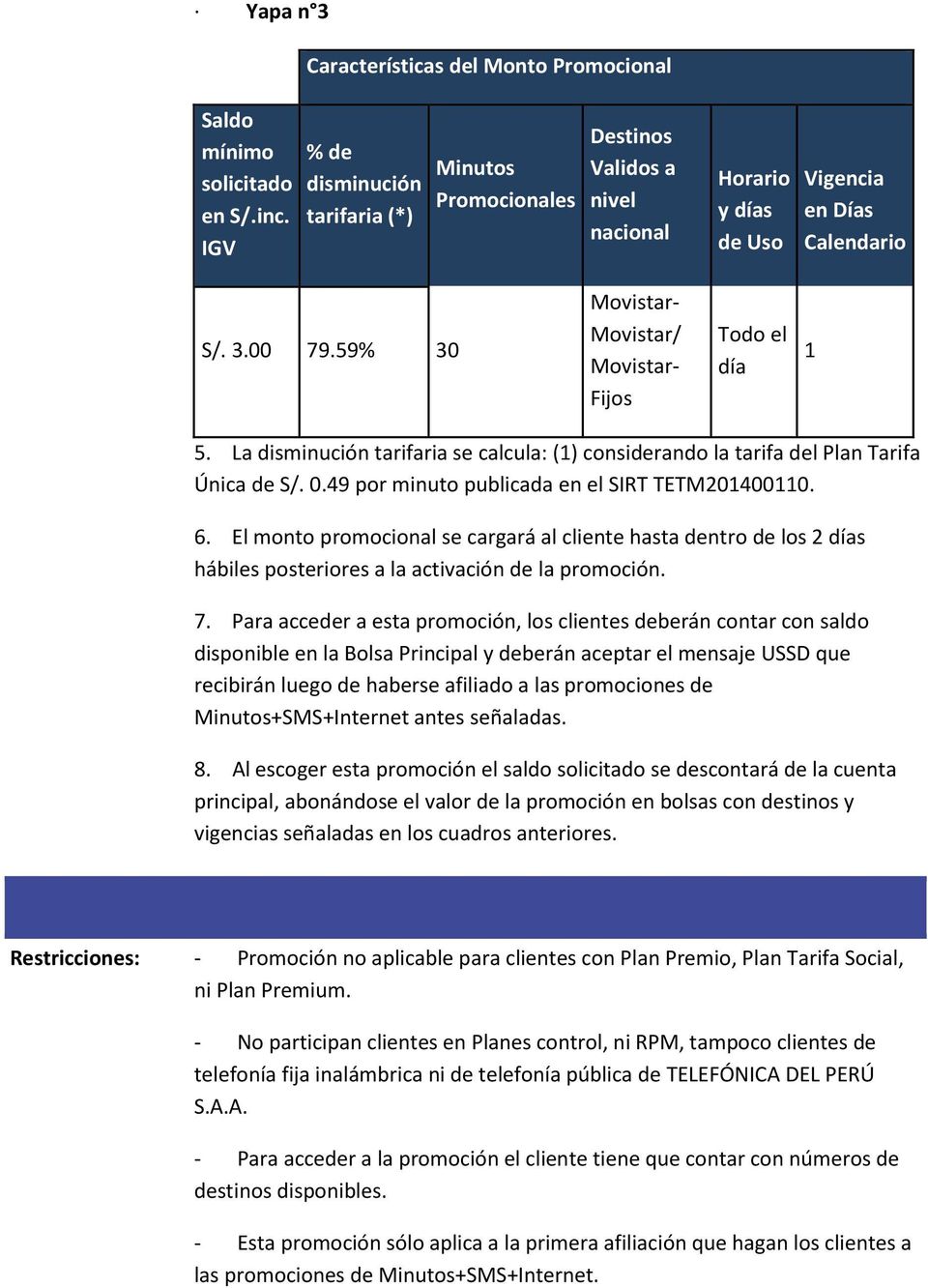 59% 30 Movistar/ Fijos Todo el día 1 5. La disminución tarifaria se calcula: (1) considerando la tarifa del Plan Tarifa Única de S/. 0.49 por minuto publicada en el SIRT TETM201400110. 6.