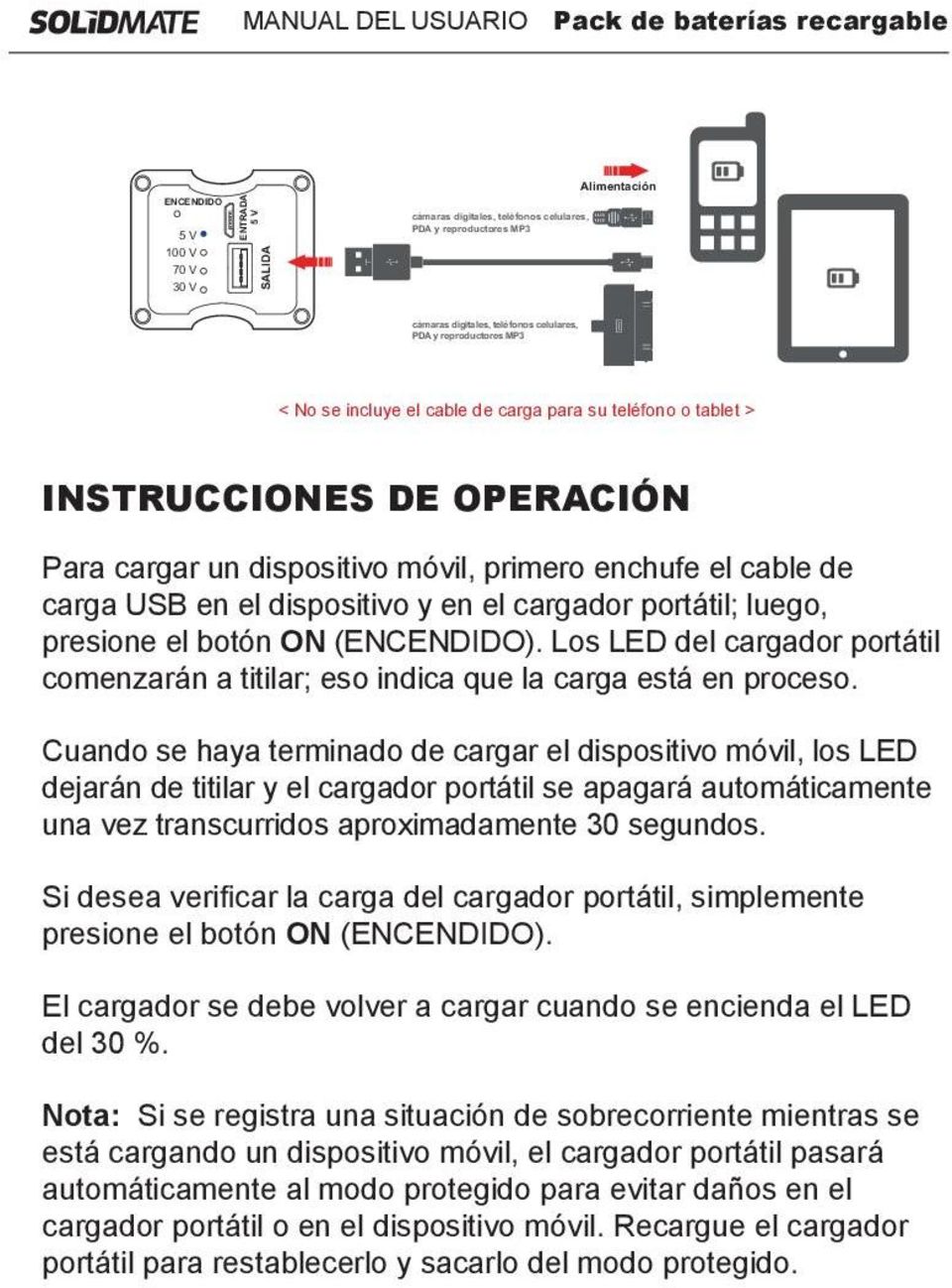 el dispositivo y en el cargador portátil; luego, presione el botón ON (ENCENDIDO). Los LED del cargador portátil comenzarán a titilar; eso indica que la carga está en proceso.