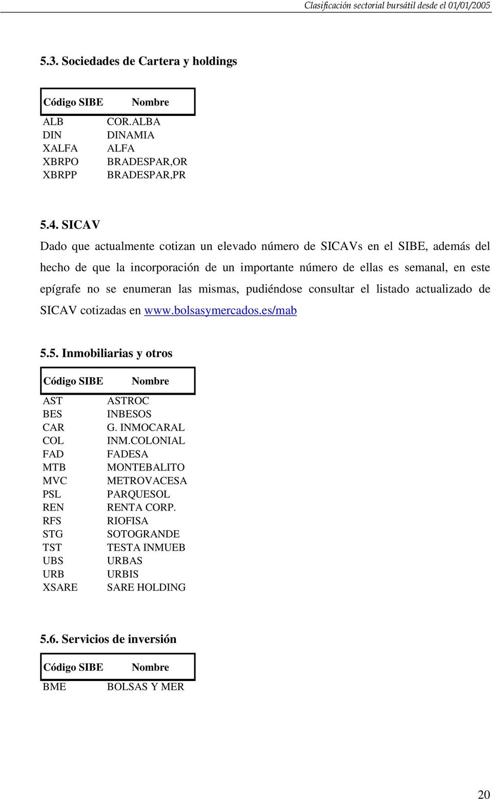 epígrafe no se enumeran las mismas, pudiéndose consultar el listado actualizado de SICAV cotizadas en www.bolsasymercados.es/mab 5.
