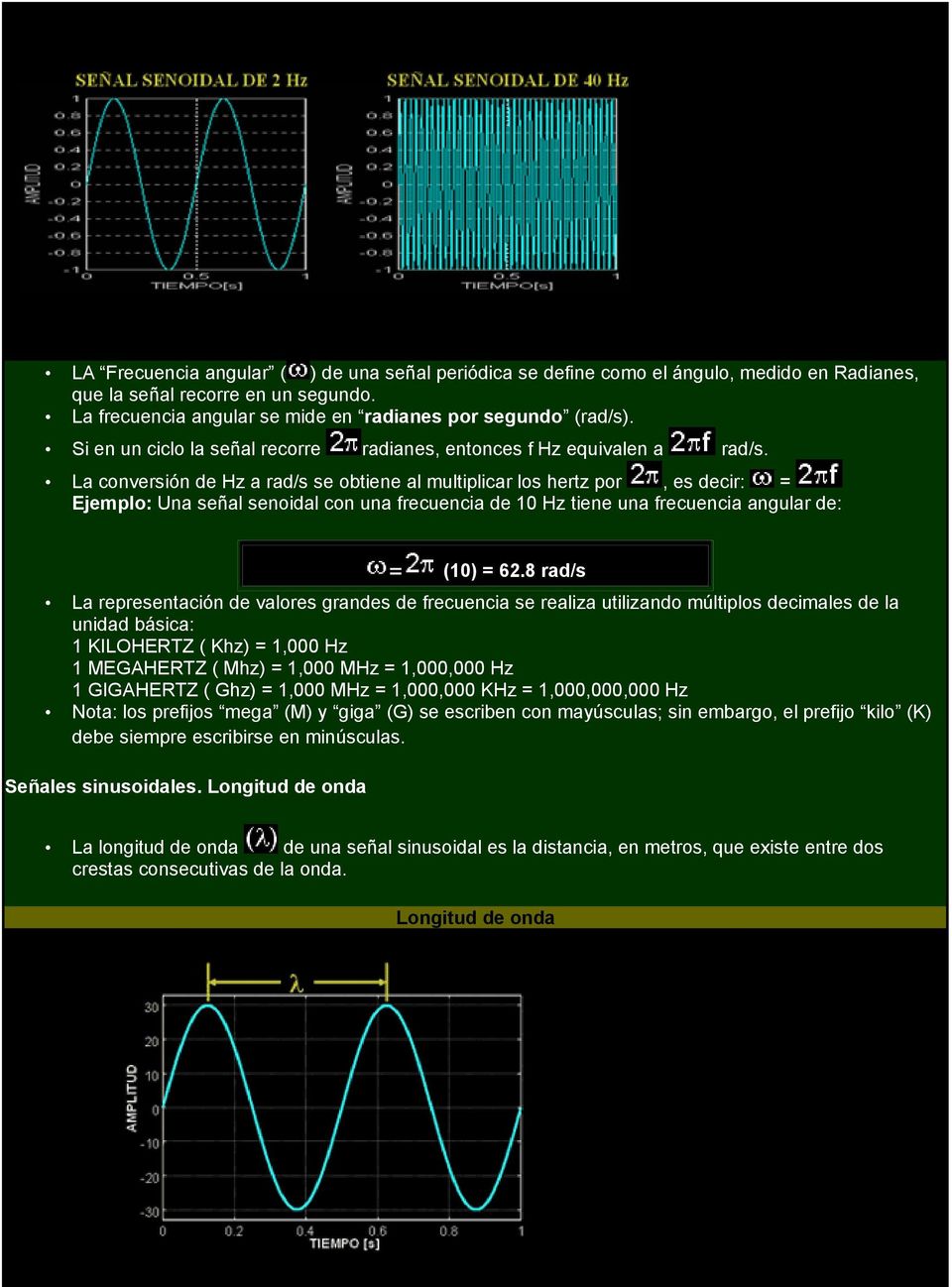 La conversión de Hz a rad/s se obtiene al multiplicar los hertz por, es decir: = Ejemplo: Una señal senoidal con una frecuencia de 10 Hz tiene una frecuencia angular de: = (10) = 62.