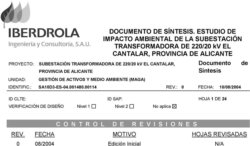 kv EL CANTALAR, PROVINCIA DE ALICANTE GESTIÓN DE ACTIVOS Y MEDIO AMBIENTE (MAGA) Documento Síntesis IDENTIFIC.: SA10D3-ES-04.001480.00114 REV.