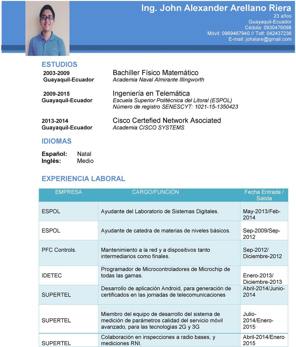 (ESPOL) Número de registro SENESCYT: 1021-15-1350423 2013-2014 Cisco Certefied Network Asociated Guayaquil-Ecuador Academia CISCO SYSTEMS IDIOMAS Español: Inglés: Natal Medio EXPERIENCIA LABORAL