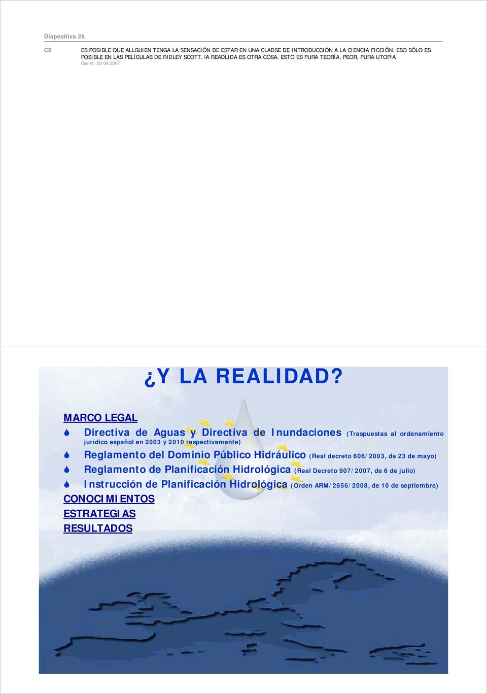 MARCO LEGAL Directiva de Aguas y Directiva de Inundaciones (Traspuestas al ordenamiento jurídico español en 2003 y 2010 respectivamente) Reglamento del Dominio Público