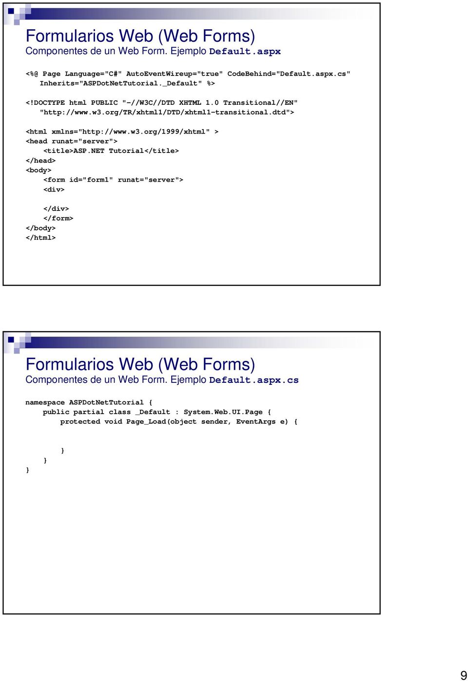 net Tutorial</title> </head> <body> <form id="form1" runat="server"> <div> </div> </form> </body> </html> Formularios Web (Web Forms) Componentes de un Web Form. Ejemplo Default.