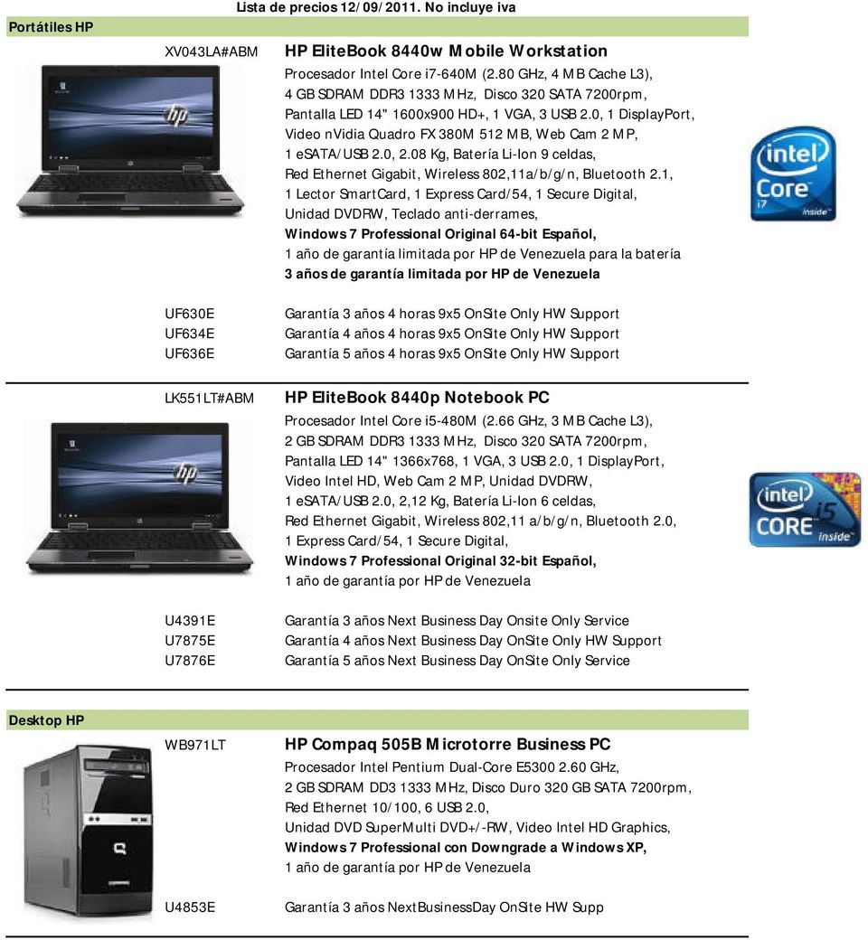 0, 1 DisplayPort, Video nvidia Quadro FX 380M 512 MB, Web Cam 2 MP, 1 esata/usb 2.0, 2.08 Kg, Batería Li-Ion 9 celdas, Red Ethernet Gigabit, Wireless 802,11a/b/g/n, Bluetooth 2.