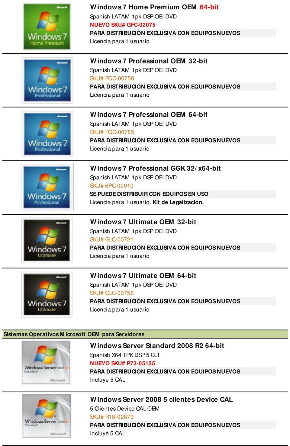 DISTRIBUCIÓN EXCLUSIVA CON EQUIPOS NUEVOS Licencia para 1 usuario Windows 7 Professional GGK 32/x64-bit Spanish LATAM 1pk DSP OEI DVD SKU# 6PC-00010 SE PUEDE DISTRIBUIR CON EQUIPOS EN USO Licencia