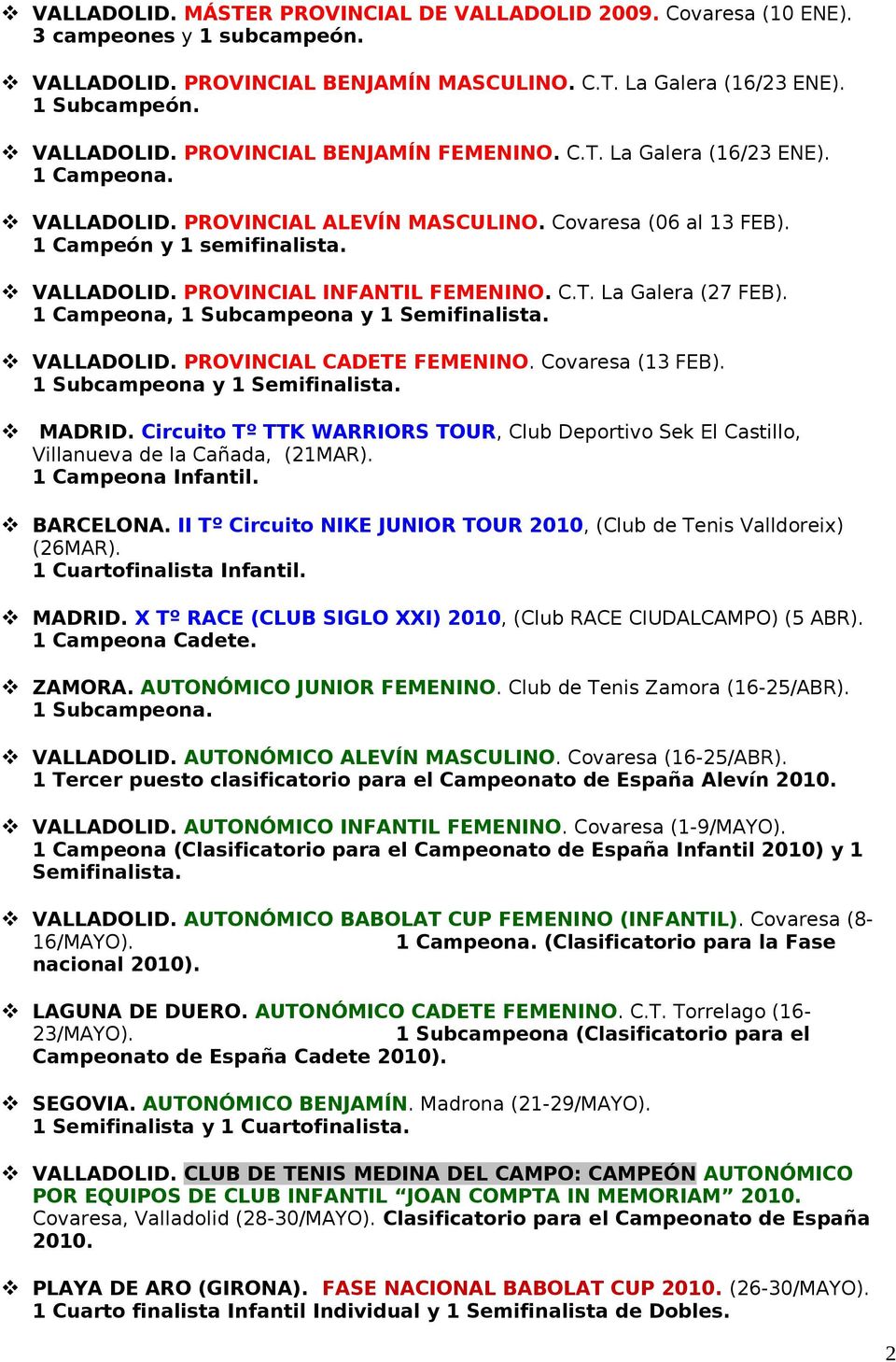 1 Campeona, 1 Subcampeona y 1 Semifinalista. VALLADOLID. PROVINCIAL CADETE FEMENINO. Covaresa (13 FEB). 1 Subcampeona y 1 Semifinalista. MADRID.
