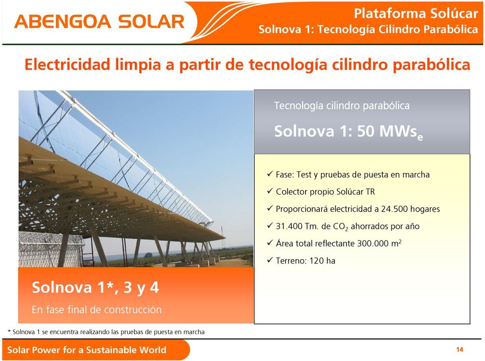 puesta en marcha Colector propio Solúcar TR Proporcionará electricidad a 24.500 hogares 31.400 Tm.