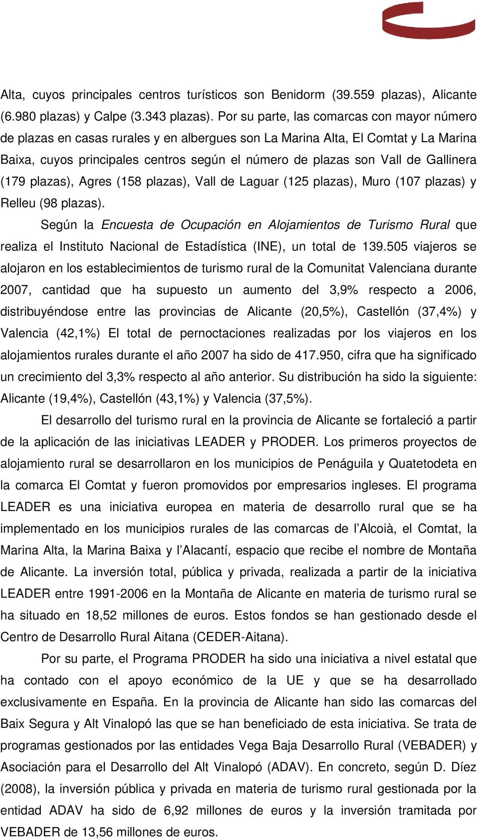 Gallinera (179 plazas), Agres (158 plazas), Vall de Laguar (125 plazas), Muro (107 plazas) y Relleu (98 plazas).