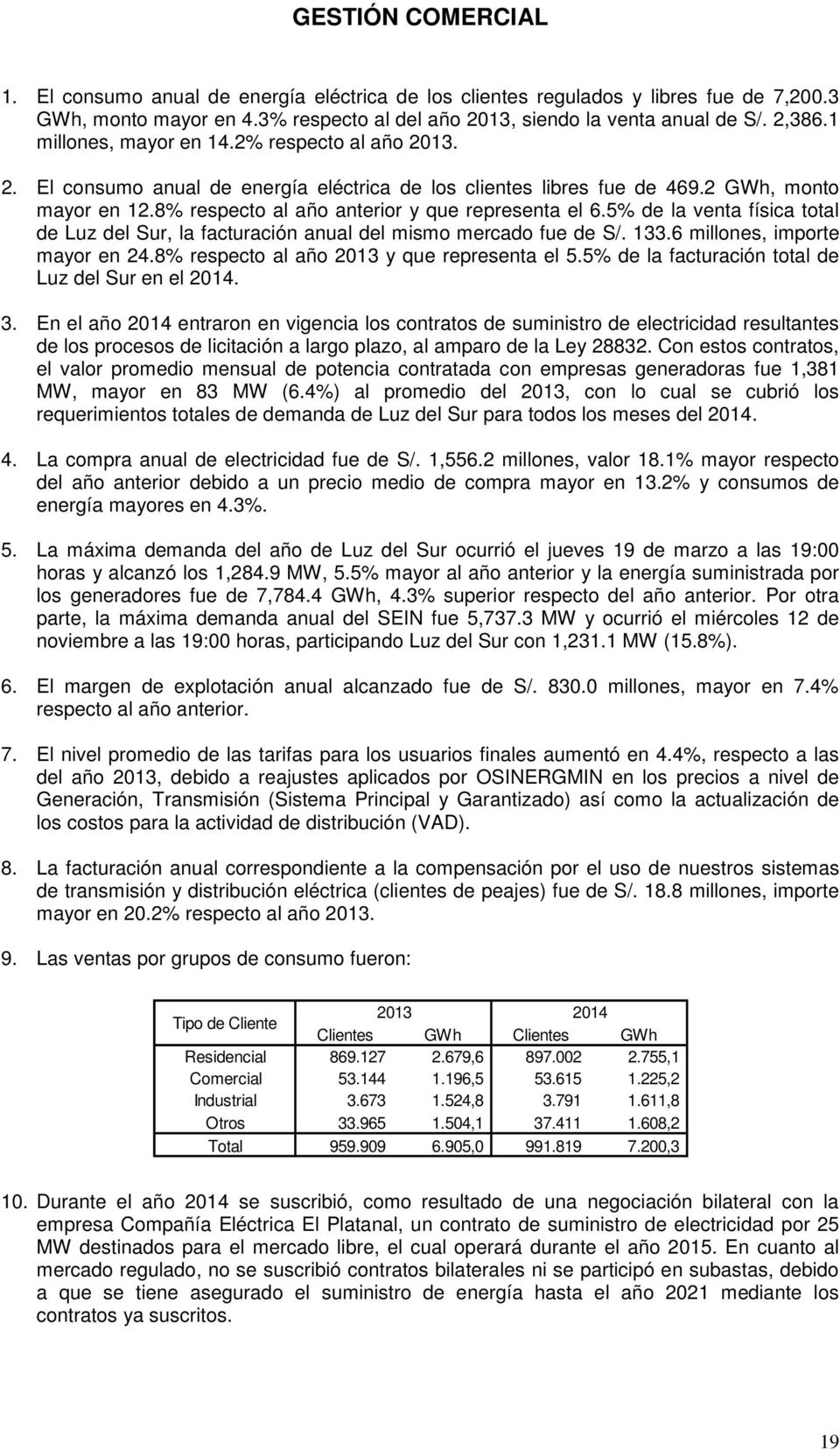 5% de la venta física total de Luz del Sur, la facturación anual del mismo mercado fue de S/. 133.6 millones, importe mayor en 24.8% respecto al año 2013 y que representa el 5.