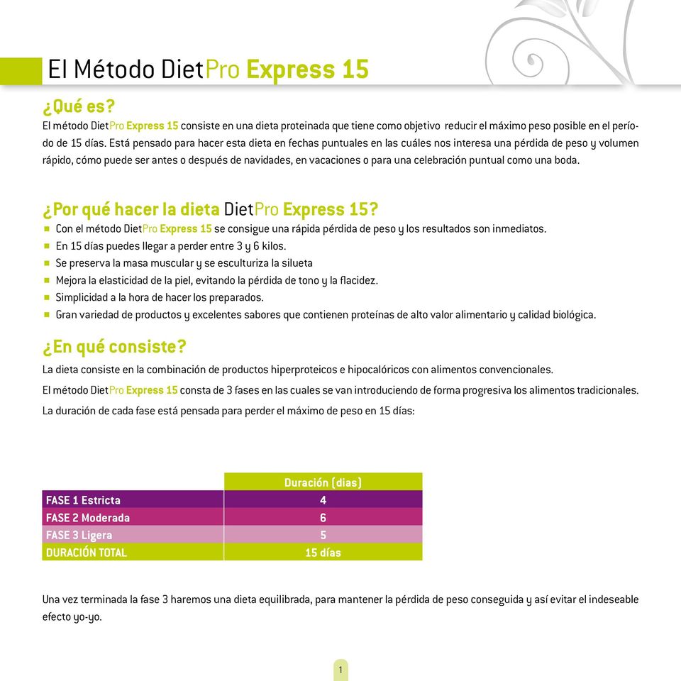 celebración puntual como una boda. Por qué hacer la dieta DietPro Express 15? Con el método DietPro Express 15 se consigue una rápida pérdida de peso y los resultados son inmediatos.