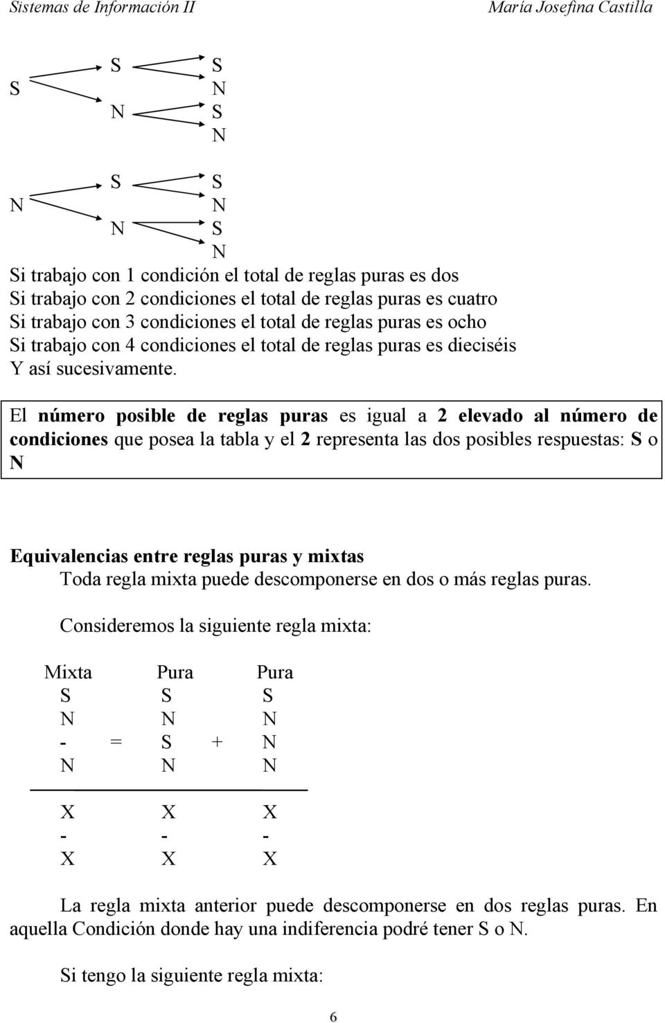 El número posible de reglas puras es igual a 2 elevado al número de condiciones que posea la tabla y el 2 representa las dos posibles respuestas: S o N Equivalencias entre reglas puras y mixtas Toda