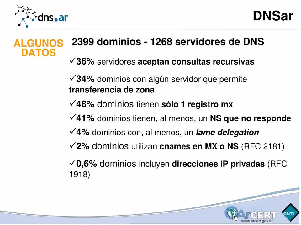 mx 41% dominios tienen, al menos, un NS que no responde 4% dominios con, al menos, un lame delegation