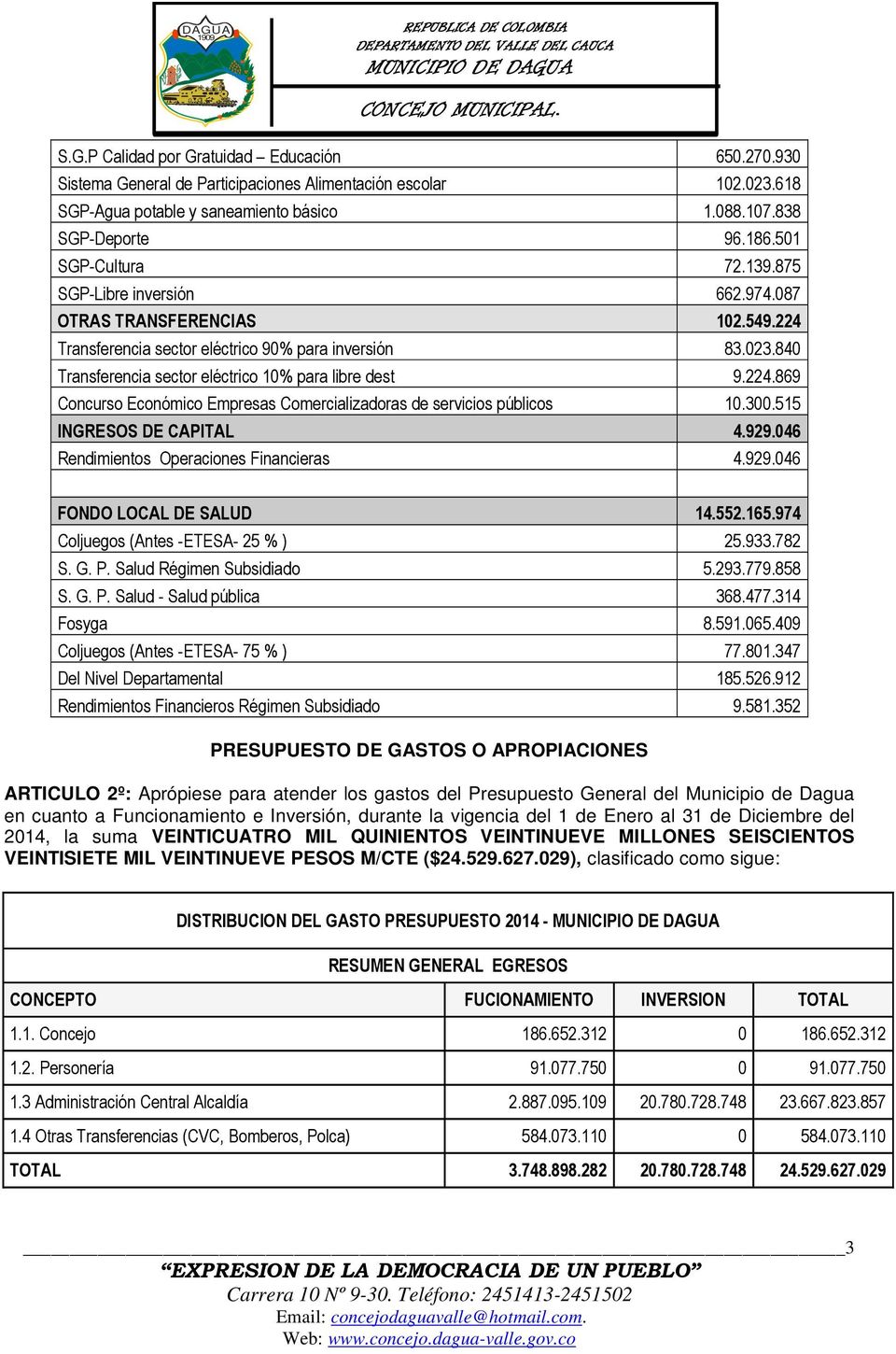 3.515 INGRESOS DE CAPITAL 4.929.46 Rendimientos Operaciones Financieras 4.929.46 FONDO LOCAL DE SALUD 14.552.165.974 Coljuegos (Antes -ETESA- 25 % ) 25.933.782 S. G. P. Salud Régimen Subsidiado 5.293.
