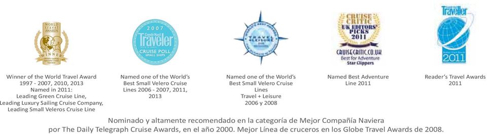 Velero Cruise Lines Travel + Leisure 2006 y 2008 Named Best Adventure Line 2011 Nominado y altamente recomendado en la categoría de Mejor