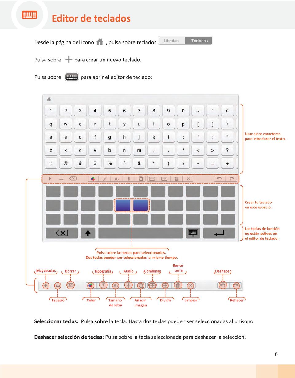 Las teclas de función el editor de teclado. Pulsa sobre las teclas para seleccionarlas.