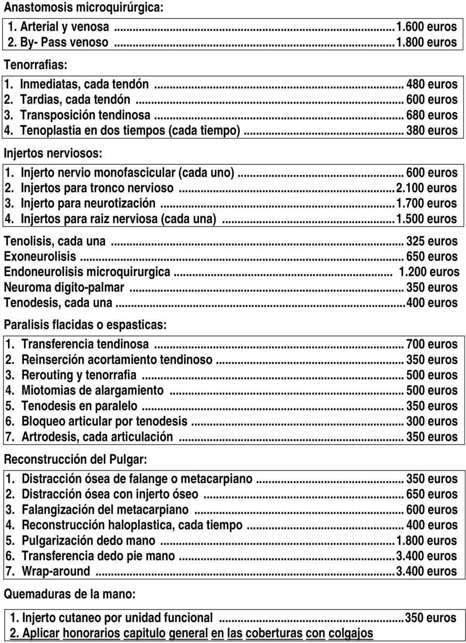 Injertos para tronco nervioso...2.100 euros 3. Injerto para neurotización...1.700 euros 4. Injertos para raiz nerviosa (cada una)...1.500 euros Tenolisis, cada una... 325 euros Exoneurolisis.