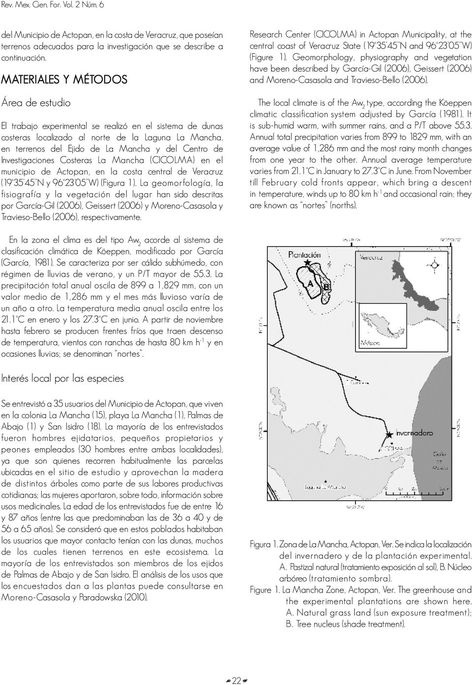 Investigaciones Costeras La Mancha (CICOLMA) en el municipio de Actopan, en la costa central de Veracruz (19 35 45 N y 96 23 05 W) (Figura 1).